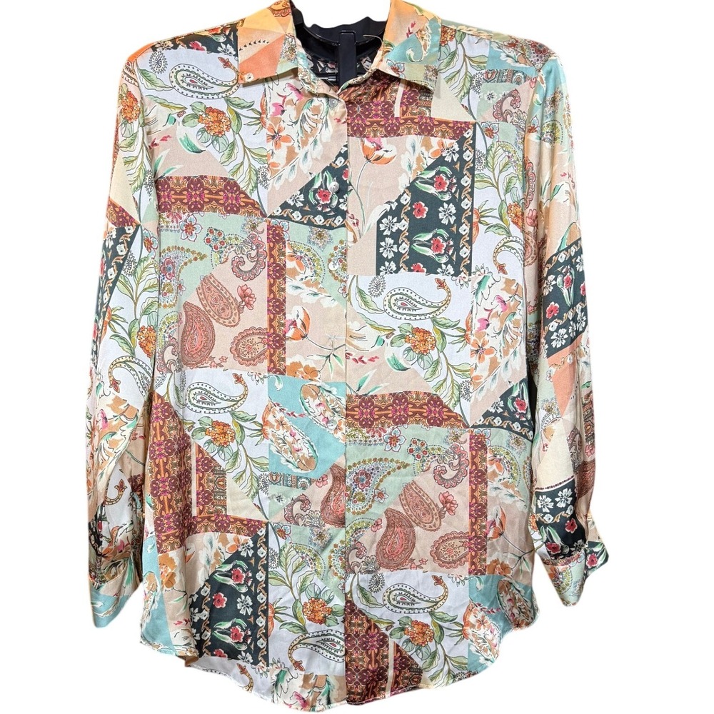Zara Patchwork Paisley Floral Print Button Down Blouse Tan Orange Green Small